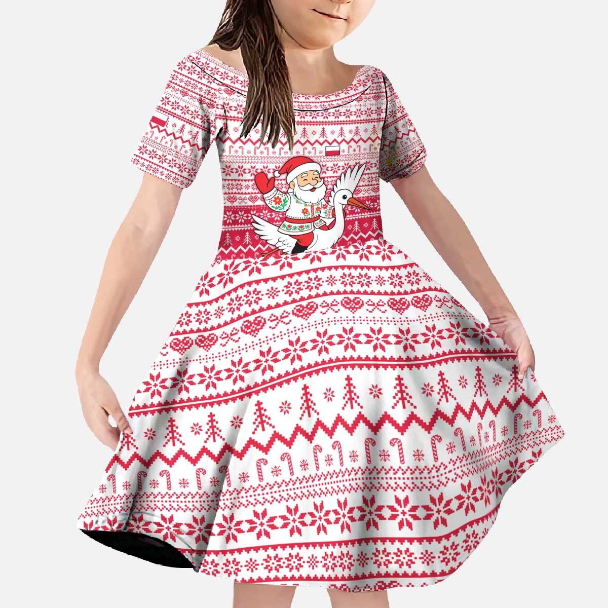 Poland Christmas Family Matching Off The Shoulder Long Sleeve Dress and Hawaiian Shirt with Santa Riding Stork White Eagle Emblem and Red Snowflake Knit Pattern Design - Wonder Print Shop