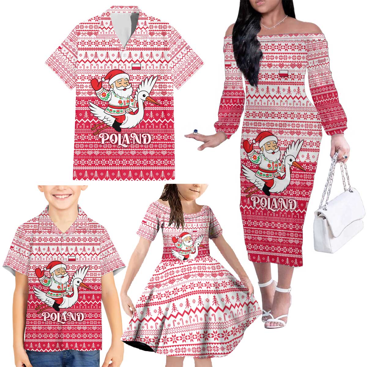 Poland Christmas Family Matching Off The Shoulder Long Sleeve Dress and Hawaiian Shirt with Santa Riding Stork White Eagle Emblem and Red Snowflake Knit Pattern Design - Wonder Print Shop