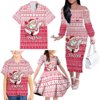 Poland Christmas Family Matching Off The Shoulder Long Sleeve Dress and Hawaiian Shirt with Santa Riding Stork White Eagle Emblem and Red Snowflake Knit Pattern Design - Wonder Print Shop