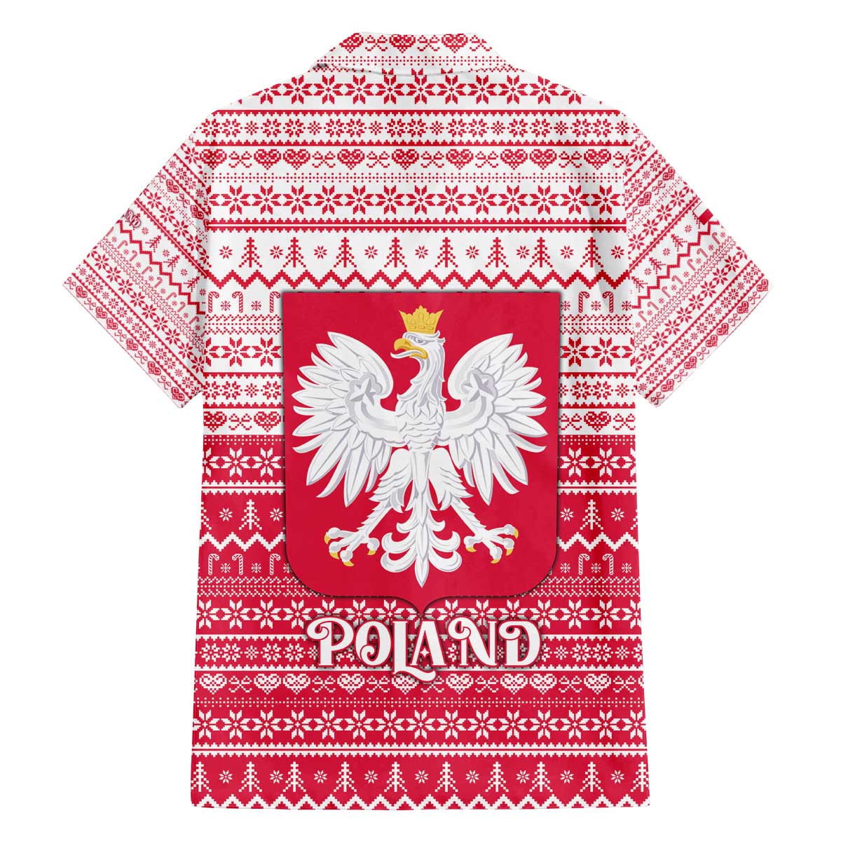 Poland Christmas Family Matching Off The Shoulder Long Sleeve Dress and Hawaiian Shirt with Santa Riding Stork White Eagle Emblem and Red Snowflake Knit Pattern Design - Wonder Print Shop