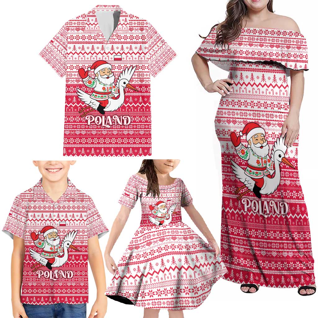 Poland Christmas Family Matching Off Shoulder Maxi Dress and Hawaiian Shirt with Santa Riding Stork White Eagle Emblem and Red Snowflake Knit Pattern Design - Wonder Print Shop