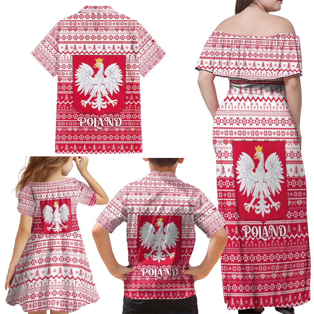 Poland Christmas Family Matching Off Shoulder Maxi Dress and Hawaiian Shirt with Santa Riding Stork White Eagle Emblem and Red Snowflake Knit Pattern Design - Wonder Print Shop