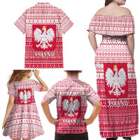 Poland Christmas Family Matching Off Shoulder Maxi Dress and Hawaiian Shirt with Santa Riding Stork White Eagle Emblem and Red Snowflake Knit Pattern Design - Wonder Print Shop
