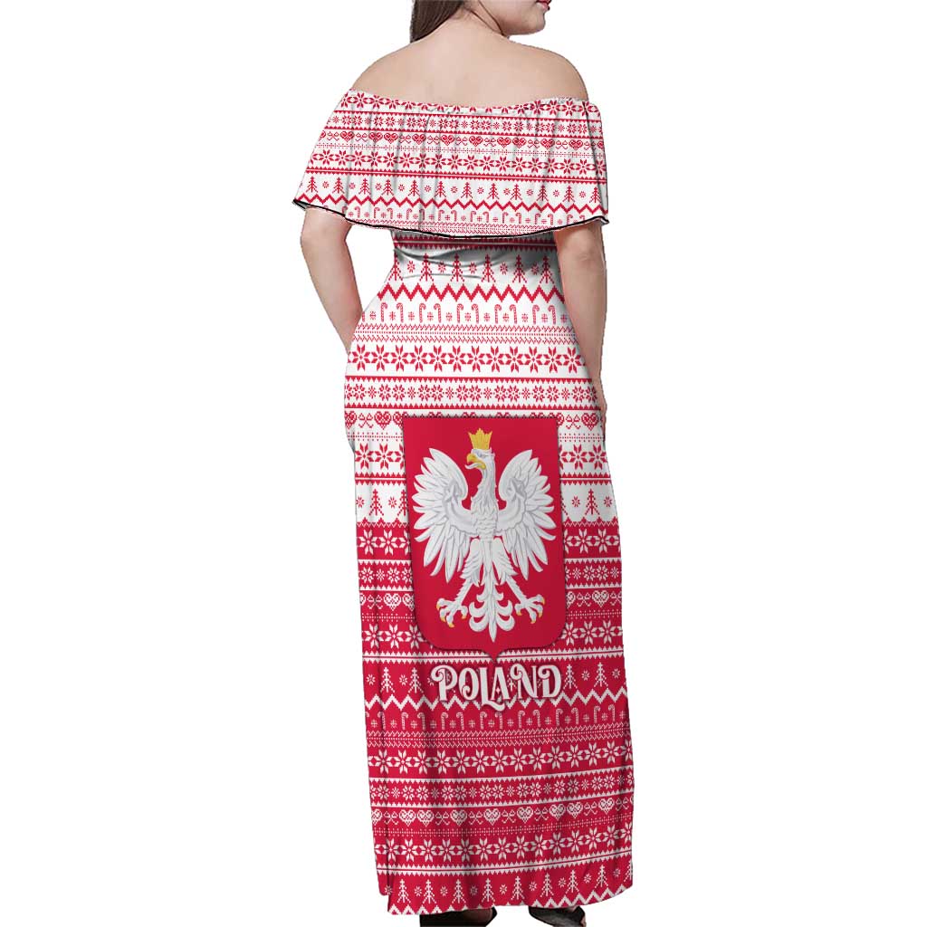 Poland Christmas Family Matching Off Shoulder Maxi Dress and Hawaiian Shirt with Santa Riding Stork White Eagle Emblem and Red Snowflake Knit Pattern Design - Wonder Print Shop