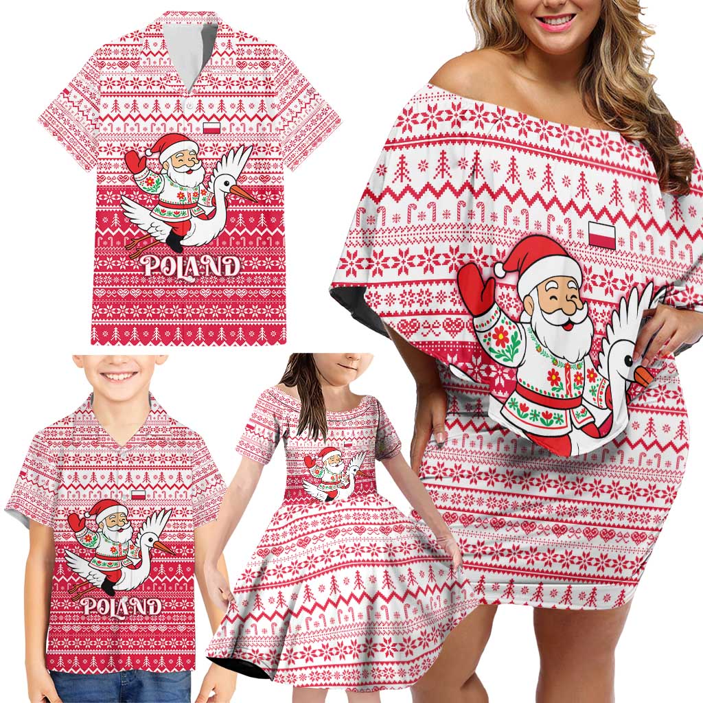Poland Christmas Family Matching Off Shoulder Short Dress and Hawaiian Shirt with Santa Riding Stork White Eagle Emblem and Red Snowflake Knit Pattern Design - Wonder Print Shop