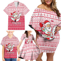 Poland Christmas Family Matching Off Shoulder Short Dress and Hawaiian Shirt with Santa Riding Stork White Eagle Emblem and Red Snowflake Knit Pattern Design - Wonder Print Shop