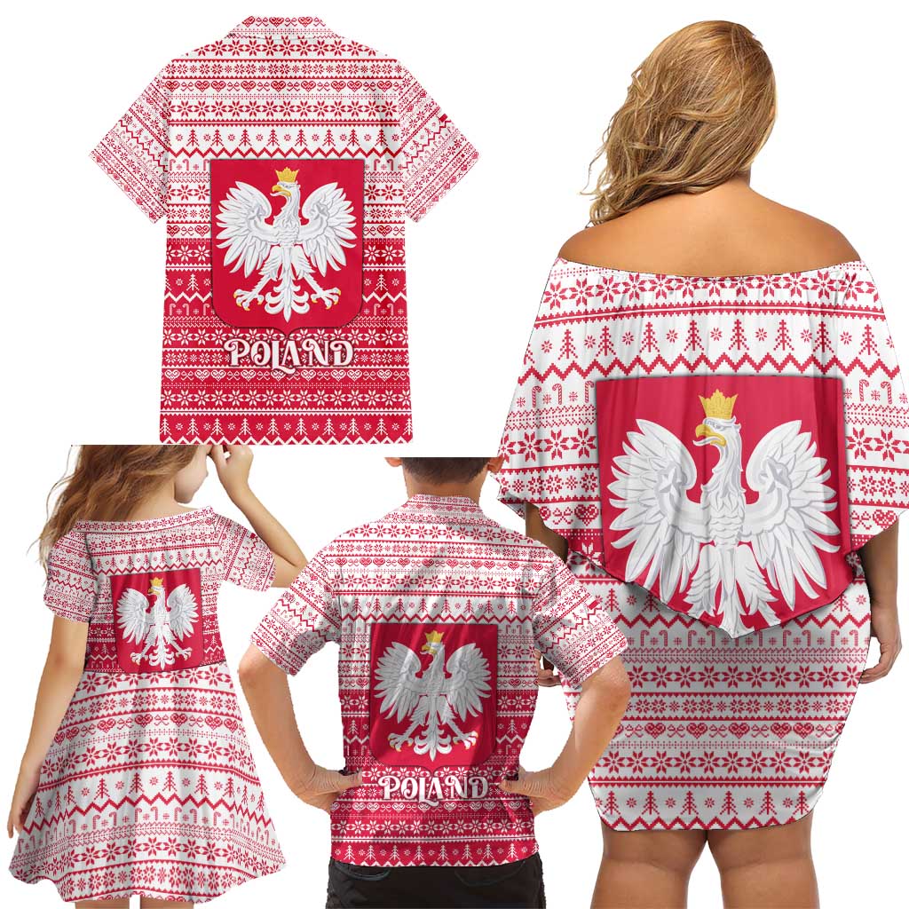 Poland Christmas Family Matching Off Shoulder Short Dress and Hawaiian Shirt with Santa Riding Stork White Eagle Emblem and Red Snowflake Knit Pattern Design - Wonder Print Shop