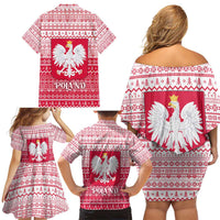 Poland Christmas Family Matching Off Shoulder Short Dress and Hawaiian Shirt with Santa Riding Stork White Eagle Emblem and Red Snowflake Knit Pattern Design - Wonder Print Shop