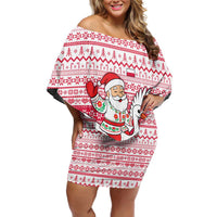 Poland Christmas Family Matching Off Shoulder Short Dress and Hawaiian Shirt with Santa Riding Stork White Eagle Emblem and Red Snowflake Knit Pattern Design - Wonder Print Shop