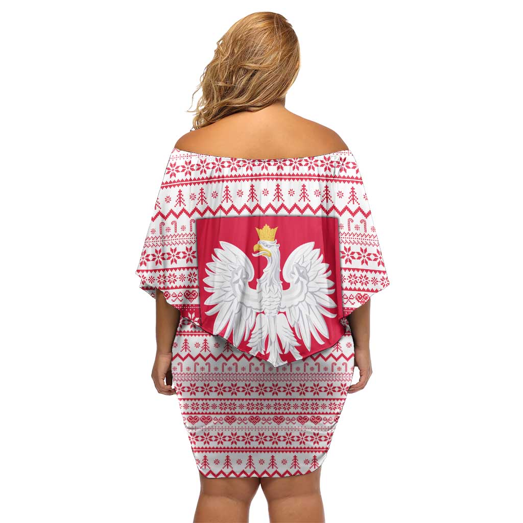 Poland Christmas Family Matching Off Shoulder Short Dress and Hawaiian Shirt with Santa Riding Stork White Eagle Emblem and Red Snowflake Knit Pattern Design - Wonder Print Shop