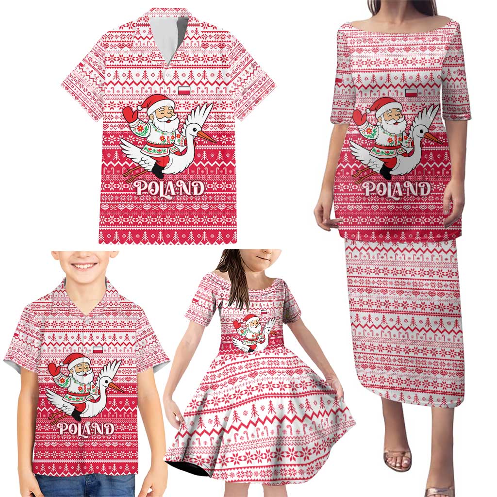 Poland Christmas Family Matching Puletasi and Hawaiian Shirt with Santa Riding Stork White Eagle Emblem and Red Snowflake Knit Pattern Design - Wonder Print Shop
