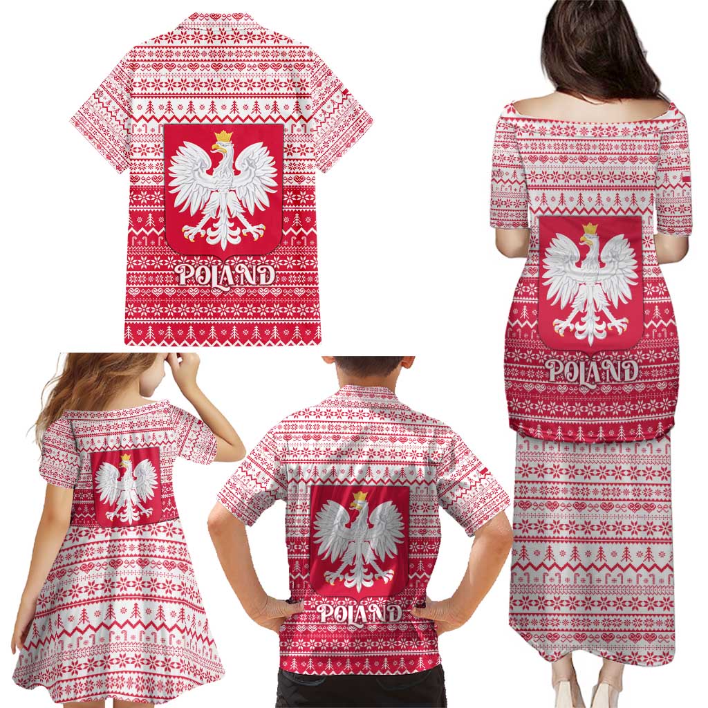 Poland Christmas Family Matching Puletasi and Hawaiian Shirt with Santa Riding Stork White Eagle Emblem and Red Snowflake Knit Pattern Design - Wonder Print Shop