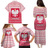 Poland Christmas Family Matching Puletasi and Hawaiian Shirt with Santa Riding Stork White Eagle Emblem and Red Snowflake Knit Pattern Design - Wonder Print Shop