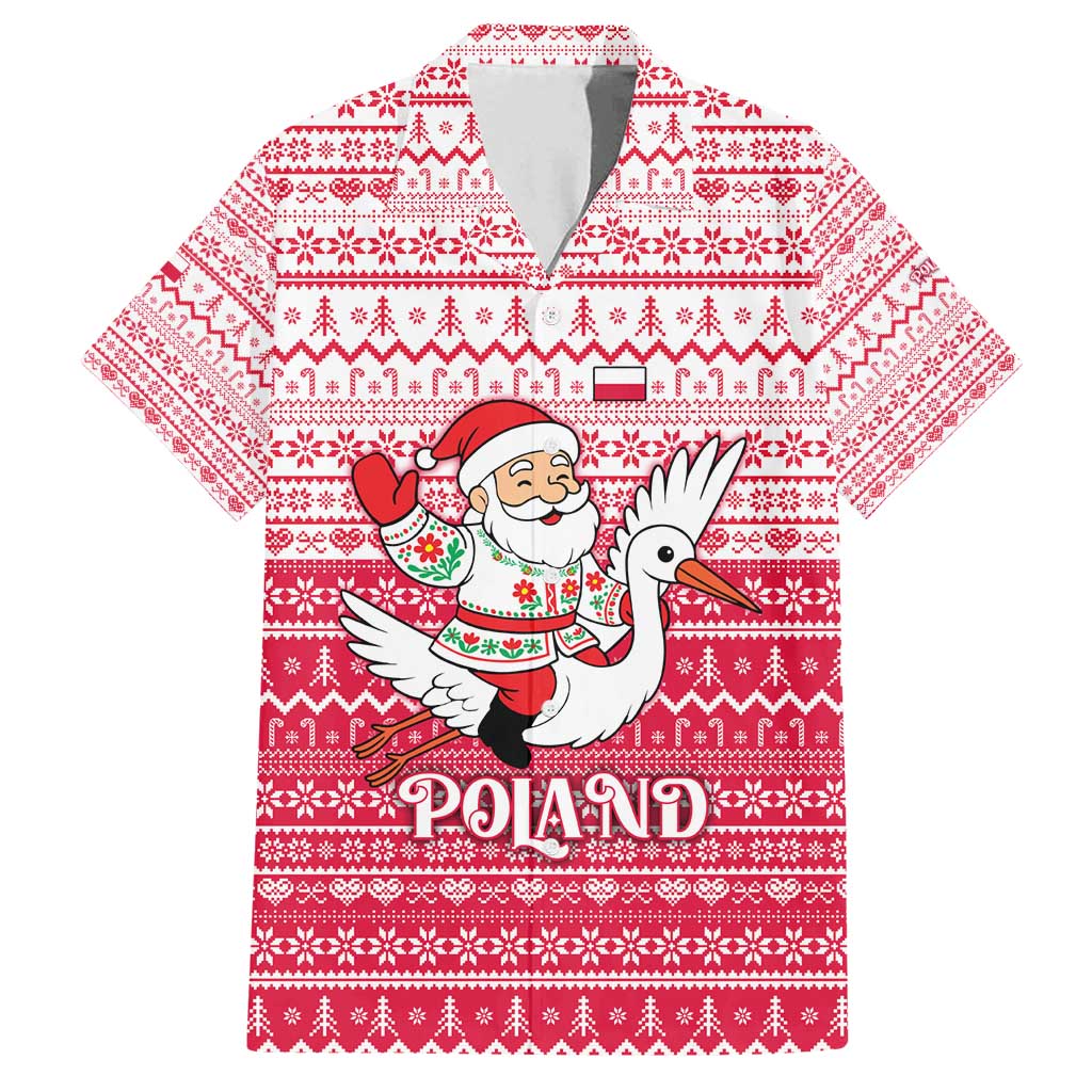 Poland Christmas Family Matching Puletasi and Hawaiian Shirt with Santa Riding Stork White Eagle Emblem and Red Snowflake Knit Pattern Design - Wonder Print Shop