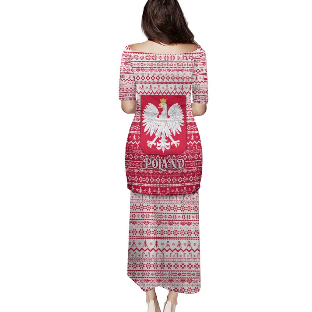 Poland Christmas Family Matching Puletasi and Hawaiian Shirt with Santa Riding Stork White Eagle Emblem and Red Snowflake Knit Pattern Design - Wonder Print Shop