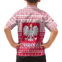 Poland Christmas Family Matching Short Sleeve Bodycon Dress and Hawaiian Shirt with Santa Riding Stork White Eagle Emblem and Red Snowflake Knit Pattern Design - Wonder Print Shop