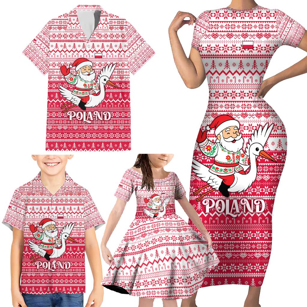 Poland Christmas Family Matching Short Sleeve Bodycon Dress and Hawaiian Shirt with Santa Riding Stork White Eagle Emblem and Red Snowflake Knit Pattern Design - Wonder Print Shop