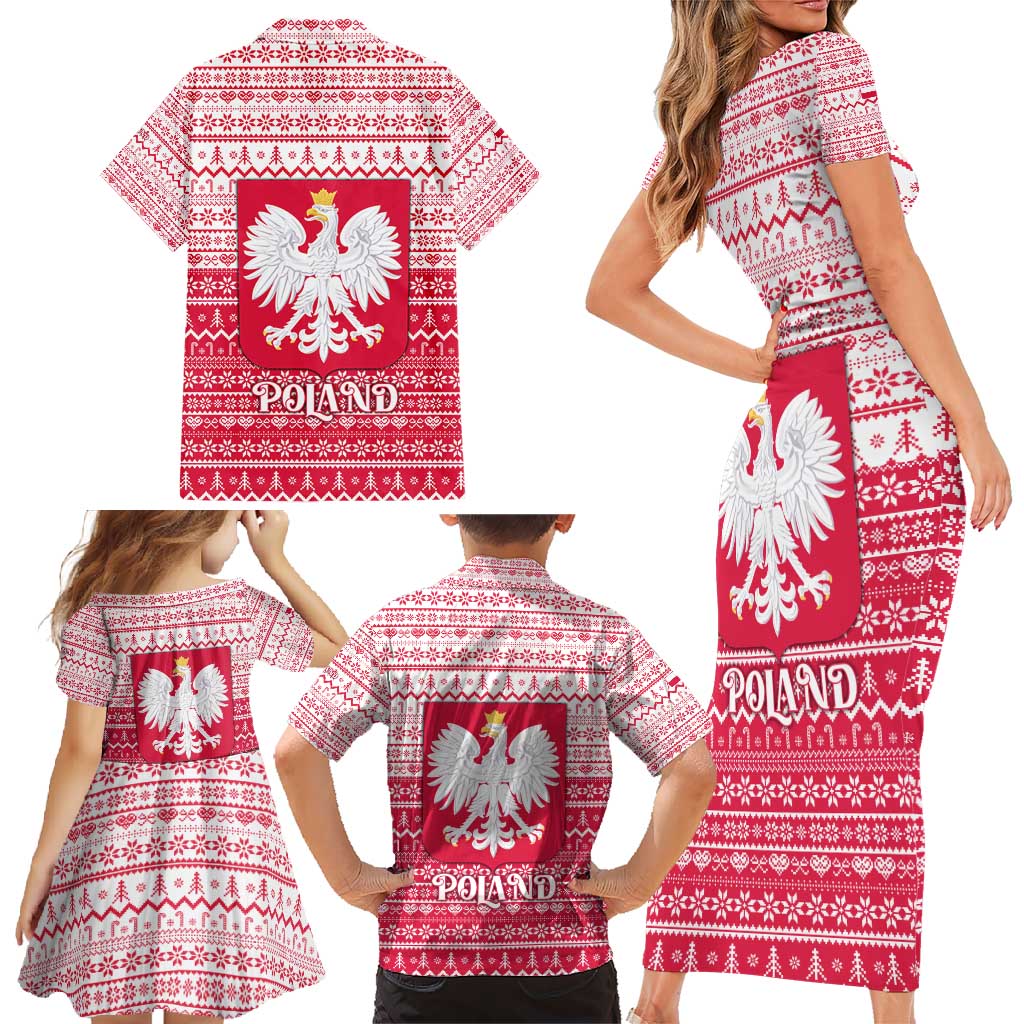 Poland Christmas Family Matching Short Sleeve Bodycon Dress and Hawaiian Shirt with Santa Riding Stork White Eagle Emblem and Red Snowflake Knit Pattern Design - Wonder Print Shop