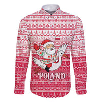 Poland Christmas Family Matching Short Sleeve Bodycon Dress and Hawaiian Shirt with Santa Riding Stork White Eagle Emblem and Red Snowflake Knit Pattern Design - Wonder Print Shop
