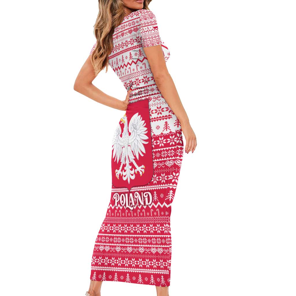Poland Christmas Family Matching Short Sleeve Bodycon Dress and Hawaiian Shirt with Santa Riding Stork White Eagle Emblem and Red Snowflake Knit Pattern Design - Wonder Print Shop