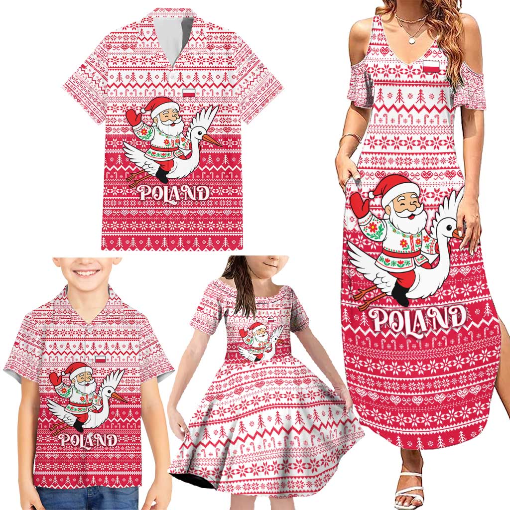 Poland Christmas Family Matching Summer Maxi Dress and Hawaiian Shirt with Santa Riding Stork White Eagle Emblem and Red Snowflake Knit Pattern Design - Wonder Print Shop
