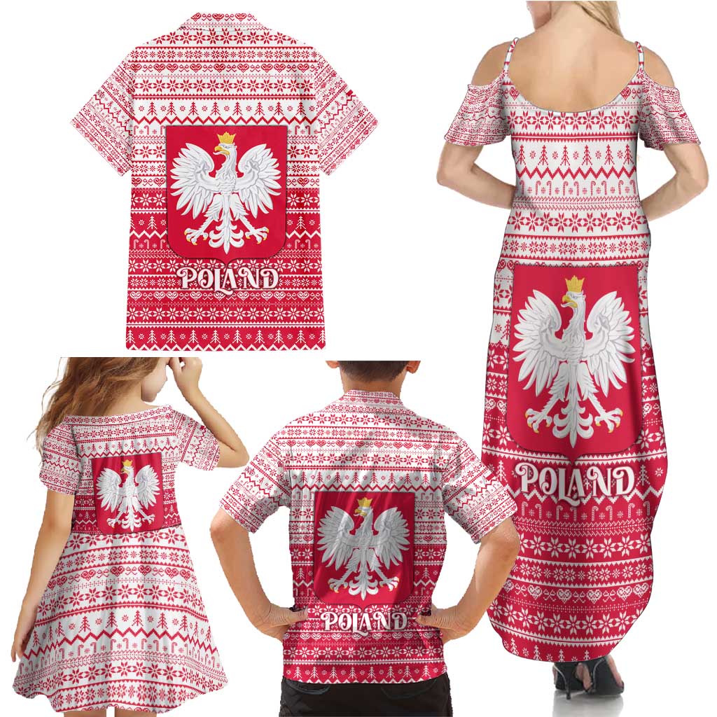 Poland Christmas Family Matching Summer Maxi Dress and Hawaiian Shirt with Santa Riding Stork White Eagle Emblem and Red Snowflake Knit Pattern Design - Wonder Print Shop