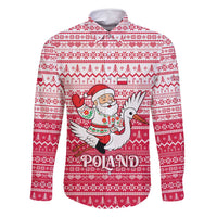 Poland Christmas Family Matching Summer Maxi Dress and Hawaiian Shirt with Santa Riding Stork White Eagle Emblem and Red Snowflake Knit Pattern Design - Wonder Print Shop