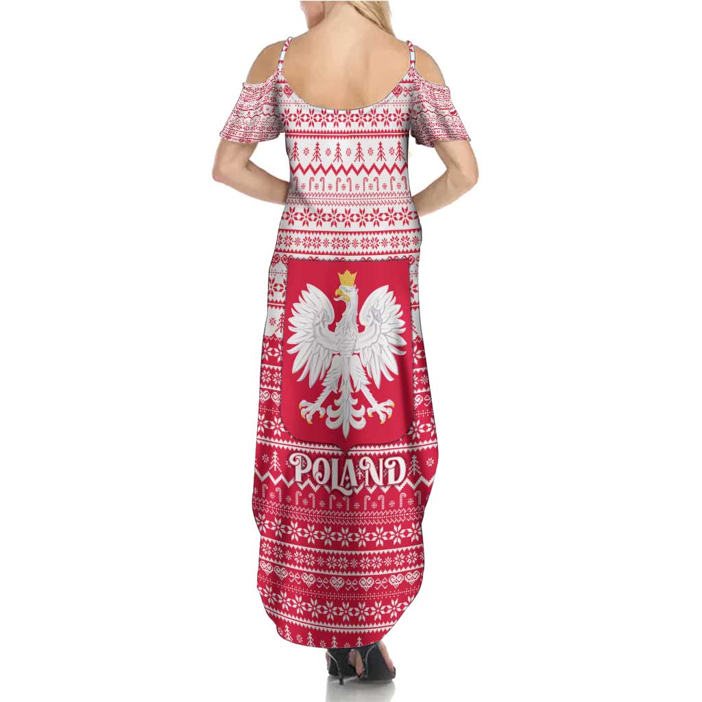 Poland Christmas Family Matching Summer Maxi Dress and Hawaiian Shirt with Santa Riding Stork White Eagle Emblem and Red Snowflake Knit Pattern Design - Wonder Print Shop