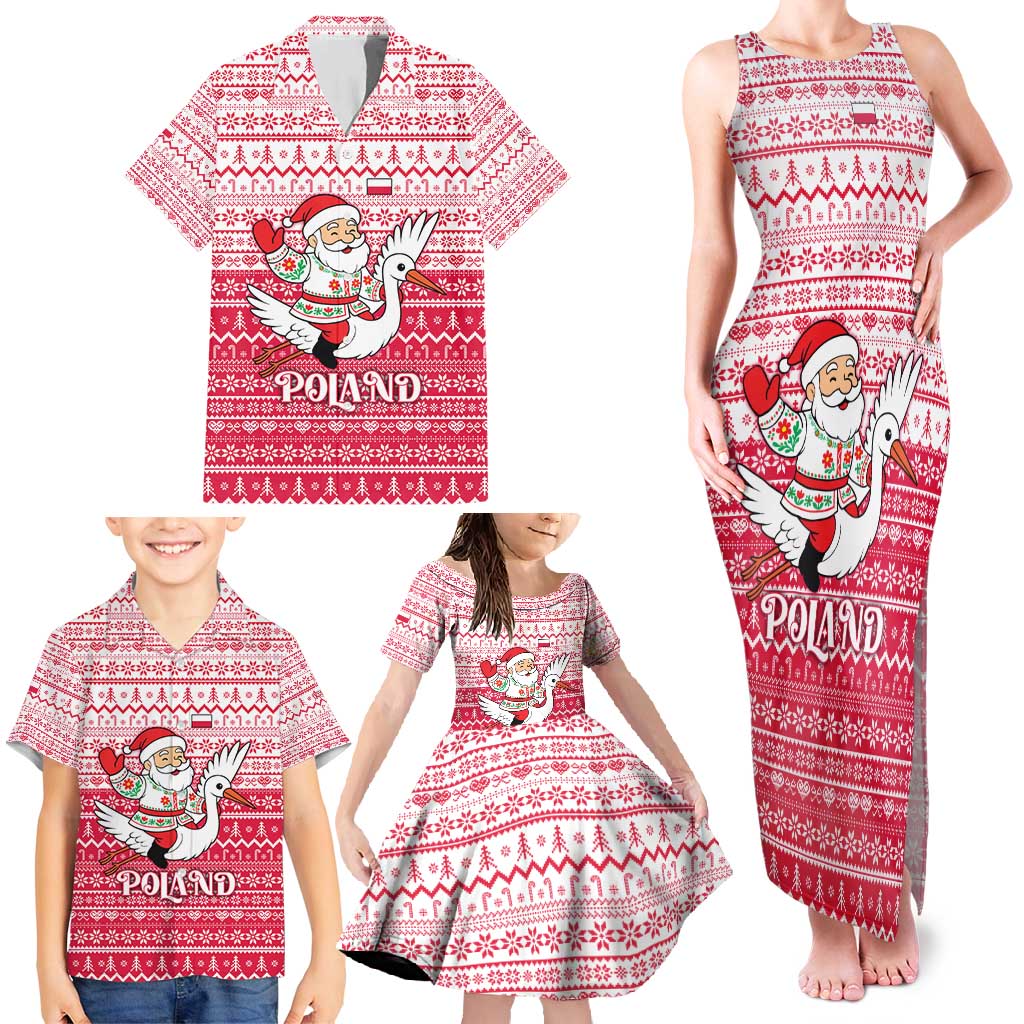 Poland Christmas Family Matching Tank Maxi Dress and Hawaiian Shirt with Santa Riding Stork White Eagle Emblem and Red Snowflake Knit Pattern Design - Wonder Print Shop