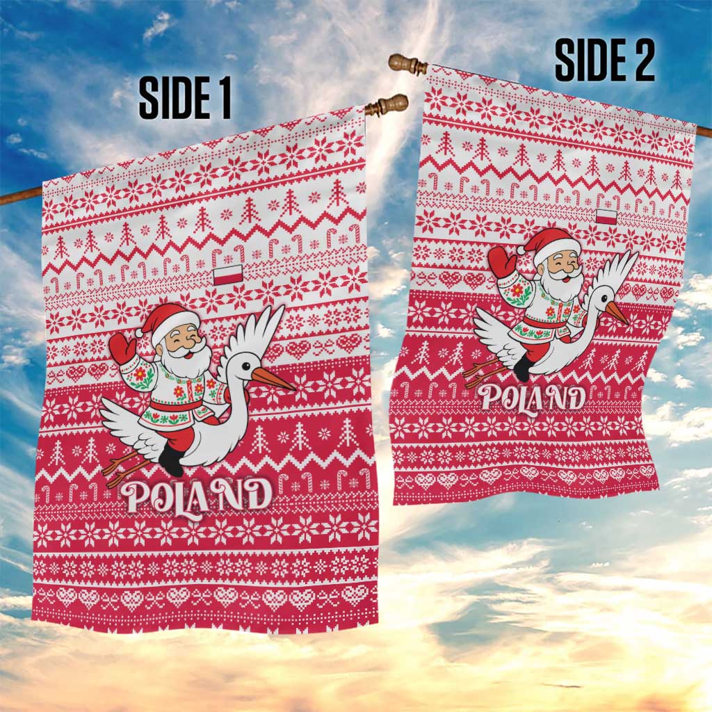 Poland Christmas Garden Flag with Santa Riding Stork White Eagle Emblem and Red Snowflake Knit Pattern Design - Wonder Print Shop