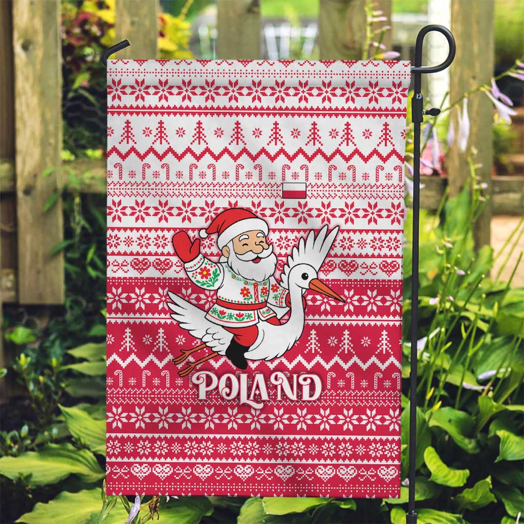 Poland Christmas Garden Flag with Santa Riding Stork White Eagle Emblem and Red Snowflake Knit Pattern Design - Wonder Print Shop