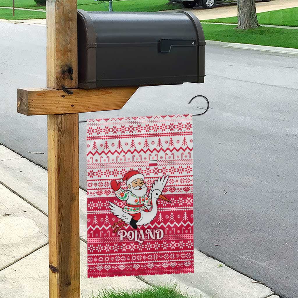 Poland Christmas Garden Flag with Santa Riding Stork White Eagle Emblem and Red Snowflake Knit Pattern Design - Wonder Print Shop