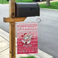 Poland Christmas Garden Flag with Santa Riding Stork White Eagle Emblem and Red Snowflake Knit Pattern Design - Wonder Print Shop