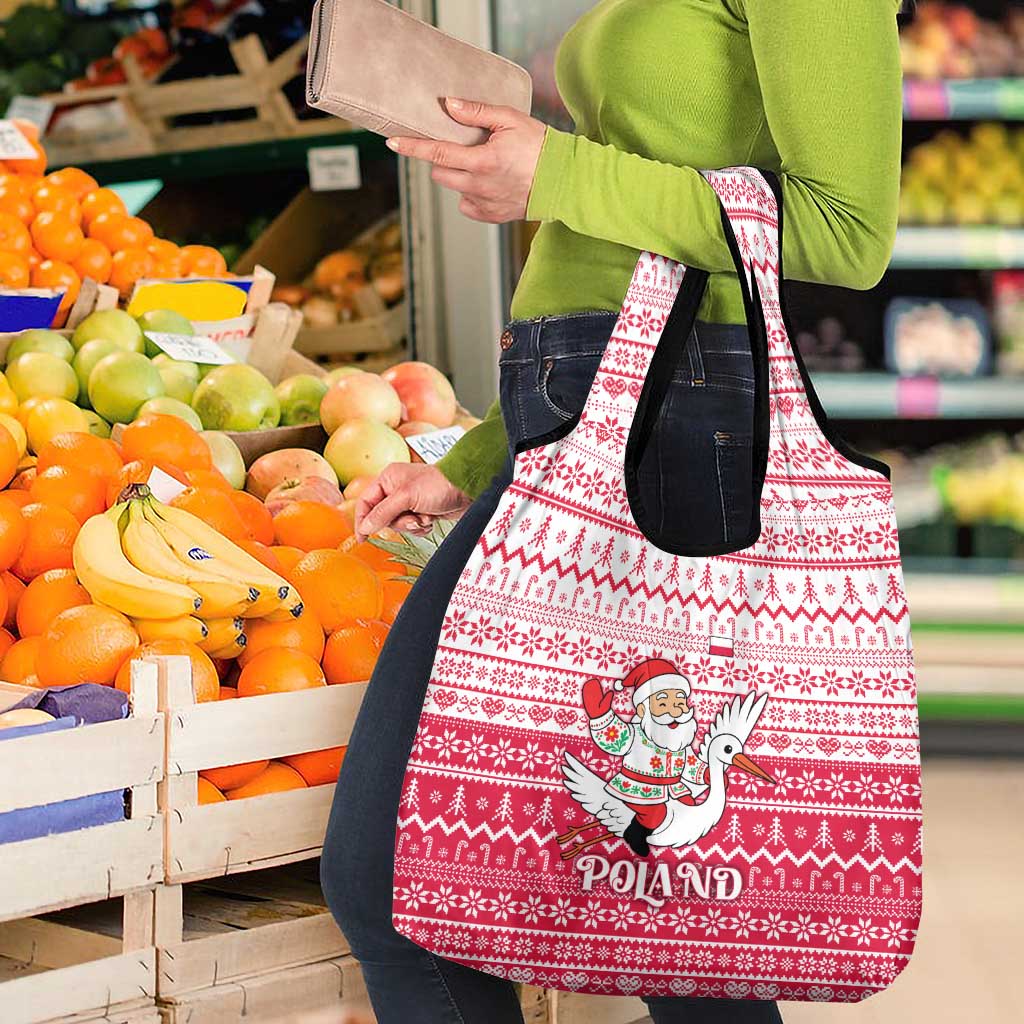 Poland Christmas Grocery Bag with Santa Riding Stork White Eagle Emblem and Red Snowflake Knit Pattern Design - Wonder Print Shop