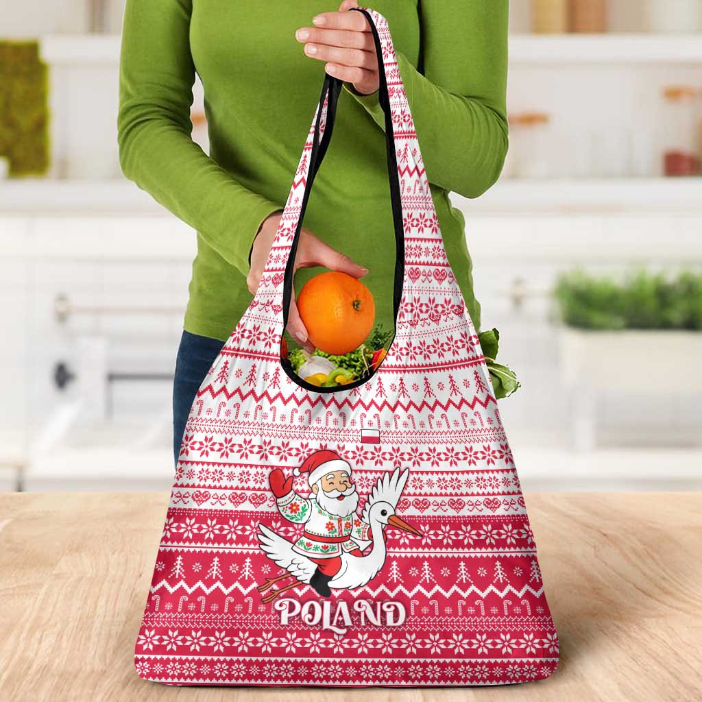Poland Christmas Grocery Bag with Santa Riding Stork White Eagle Emblem and Red Snowflake Knit Pattern Design - Wonder Print Shop