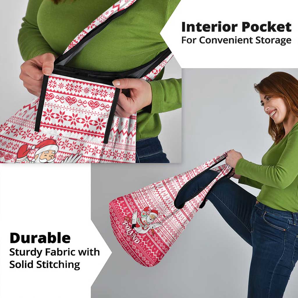 Poland Christmas Grocery Bag with Santa Riding Stork White Eagle Emblem and Red Snowflake Knit Pattern Design - Wonder Print Shop