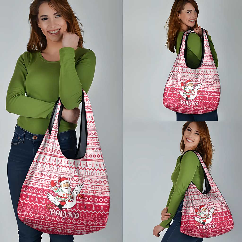 Poland Christmas Grocery Bag with Santa Riding Stork White Eagle Emblem and Red Snowflake Knit Pattern Design - Wonder Print Shop