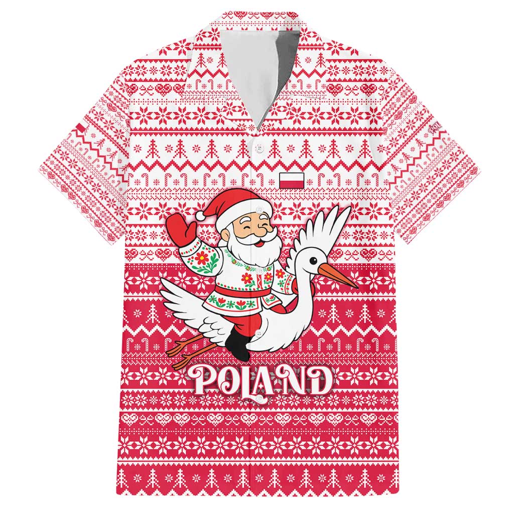 Poland Christmas Hawaiian Shirt with Santa Riding Stork White Eagle Emblem and Red Snowflake Knit Pattern Design - Wonder Print Shop