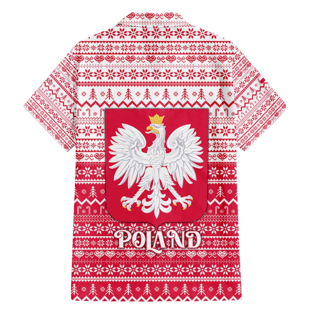 Poland Christmas Hawaiian Shirt with Santa Riding Stork White Eagle Emblem and Red Snowflake Knit Pattern Design - Wonder Print Shop
