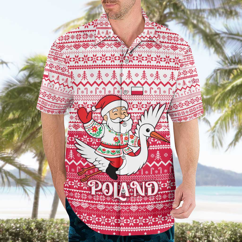 Poland Christmas Hawaiian Shirt with Santa Riding Stork White Eagle Emblem and Red Snowflake Knit Pattern Design - Wonder Print Shop