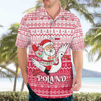Poland Christmas Hawaiian Shirt with Santa Riding Stork White Eagle Emblem and Red Snowflake Knit Pattern Design - Wonder Print Shop