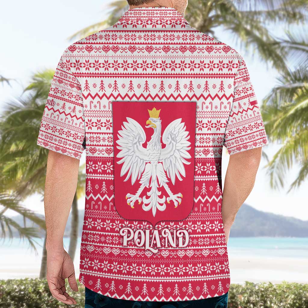 Poland Christmas Hawaiian Shirt with Santa Riding Stork White Eagle Emblem and Red Snowflake Knit Pattern Design - Wonder Print Shop
