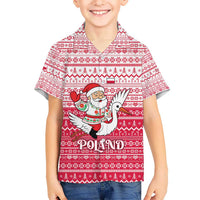 Poland Christmas Hawaiian Shirt with Santa Riding Stork White Eagle Emblem and Red Snowflake Knit Pattern Design - Wonder Print Shop