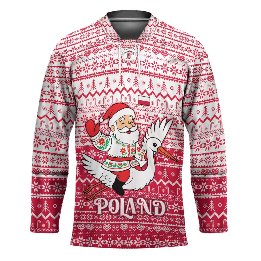 Poland Christmas Hockey Jersey with Santa Riding Stork White Eagle Emblem and Red Snowflake Knit Pattern Design - Wonder Print Shop