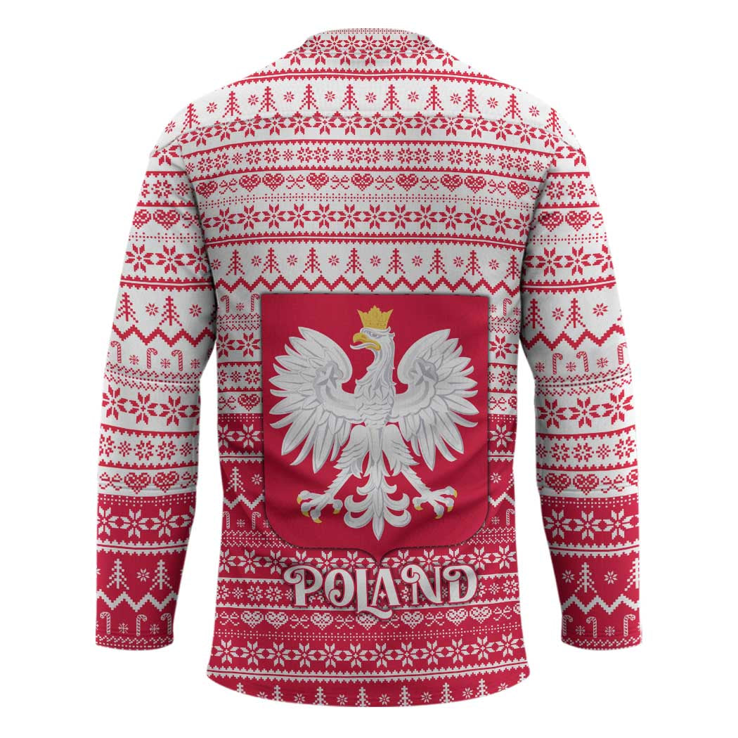 Poland Christmas Hockey Jersey with Santa Riding Stork White Eagle Emblem and Red Snowflake Knit Pattern Design - Wonder Print Shop