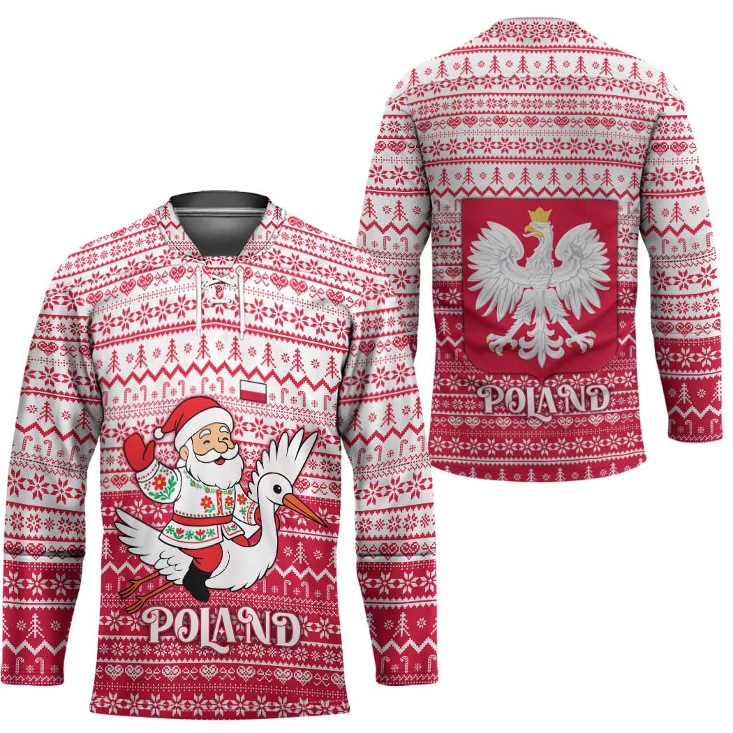 Poland Christmas Hockey Jersey with Santa Riding Stork White Eagle Emblem and Red Snowflake Knit Pattern Design - Wonder Print Shop