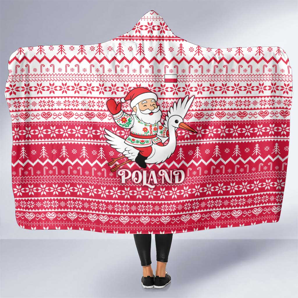 Poland Christmas Hooded Blanket with Santa Riding Stork White Eagle Emblem and Red Snowflake Knit Pattern Design - Wonder Print Shop