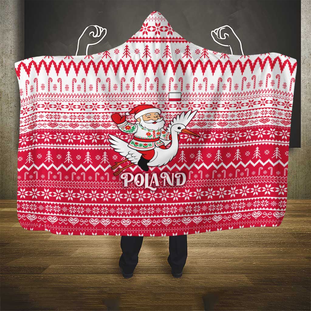 Poland Christmas Hooded Blanket with Santa Riding Stork White Eagle Emblem and Red Snowflake Knit Pattern Design - Wonder Print Shop