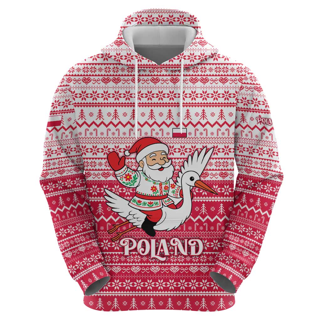 Poland Christmas Hoodie with Santa Riding Stork White Eagle Emblem and Red Snowflake Knit Pattern Design - Wonder Print Shop