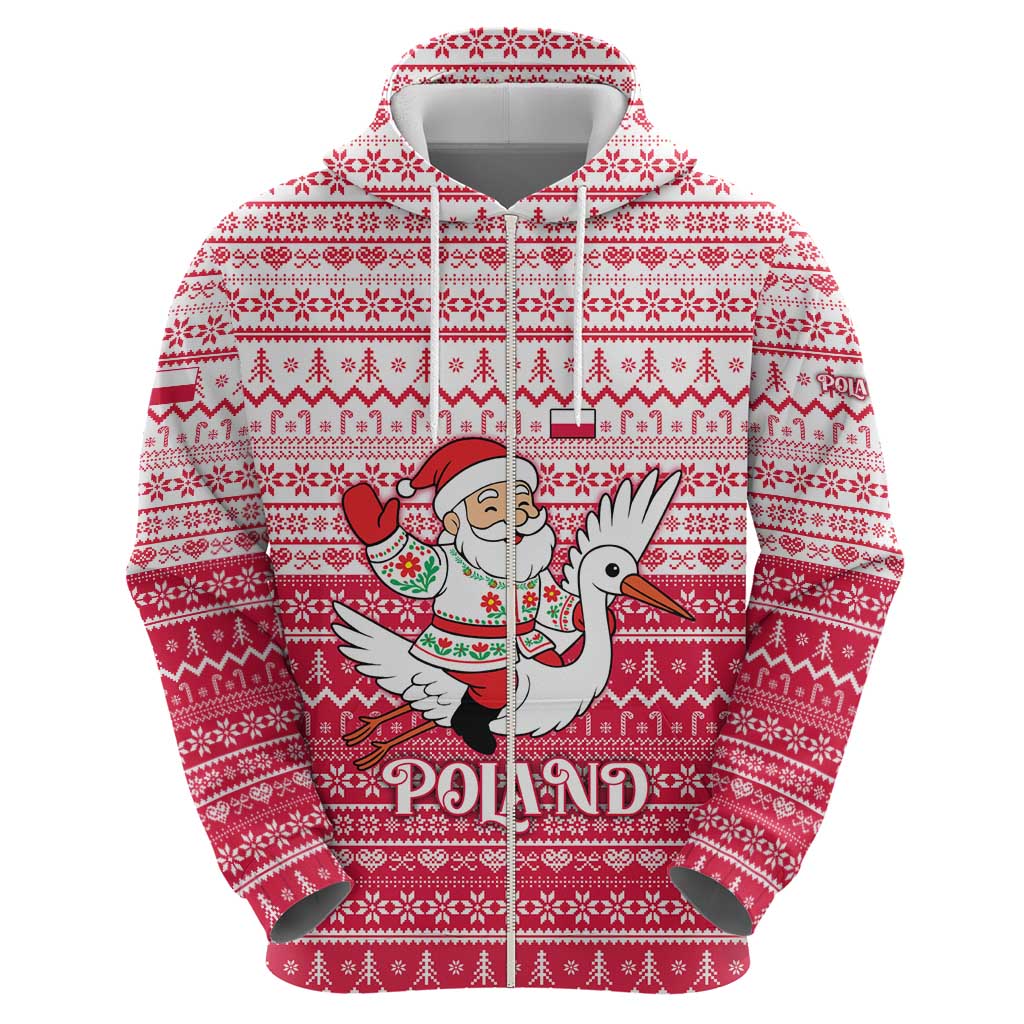 Poland Christmas Hoodie with Santa Riding Stork White Eagle Emblem and Red Snowflake Knit Pattern Design - Wonder Print Shop